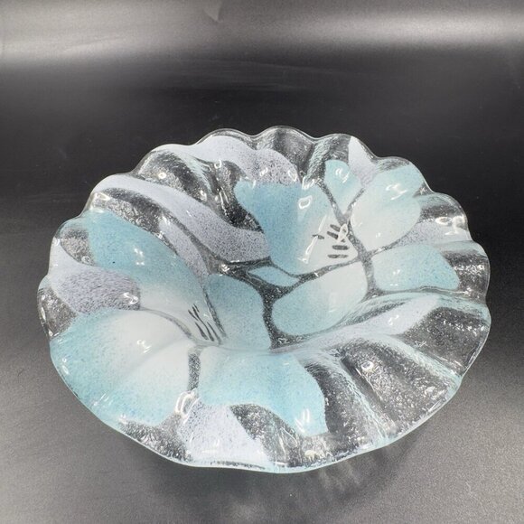 Sydenstricker Bowl Dish Fused Art Glass Ruffled Clear Blue Flowers VTG Signed - Picture 11 of 13